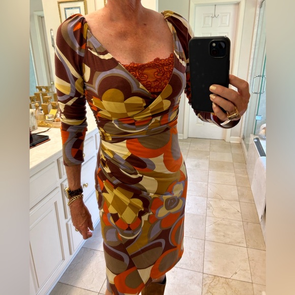 Charles Nolan Dress, Browns & Oranges, Wrap, Ruckering Side, Long Sleeved, Sz 4 - Picture 15 of 16